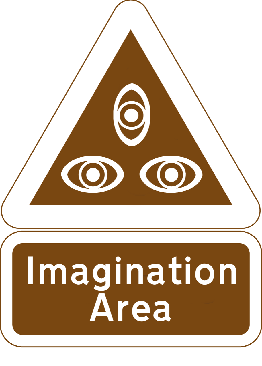 a brown sign with imagination area text written on it