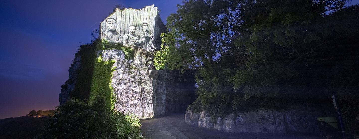 An image of a projection onto Rufus Castle and the cliff below