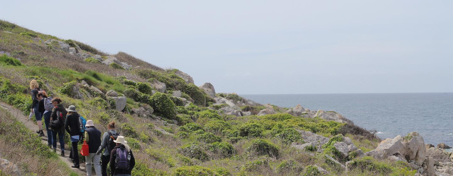 A group of people walking up a hill